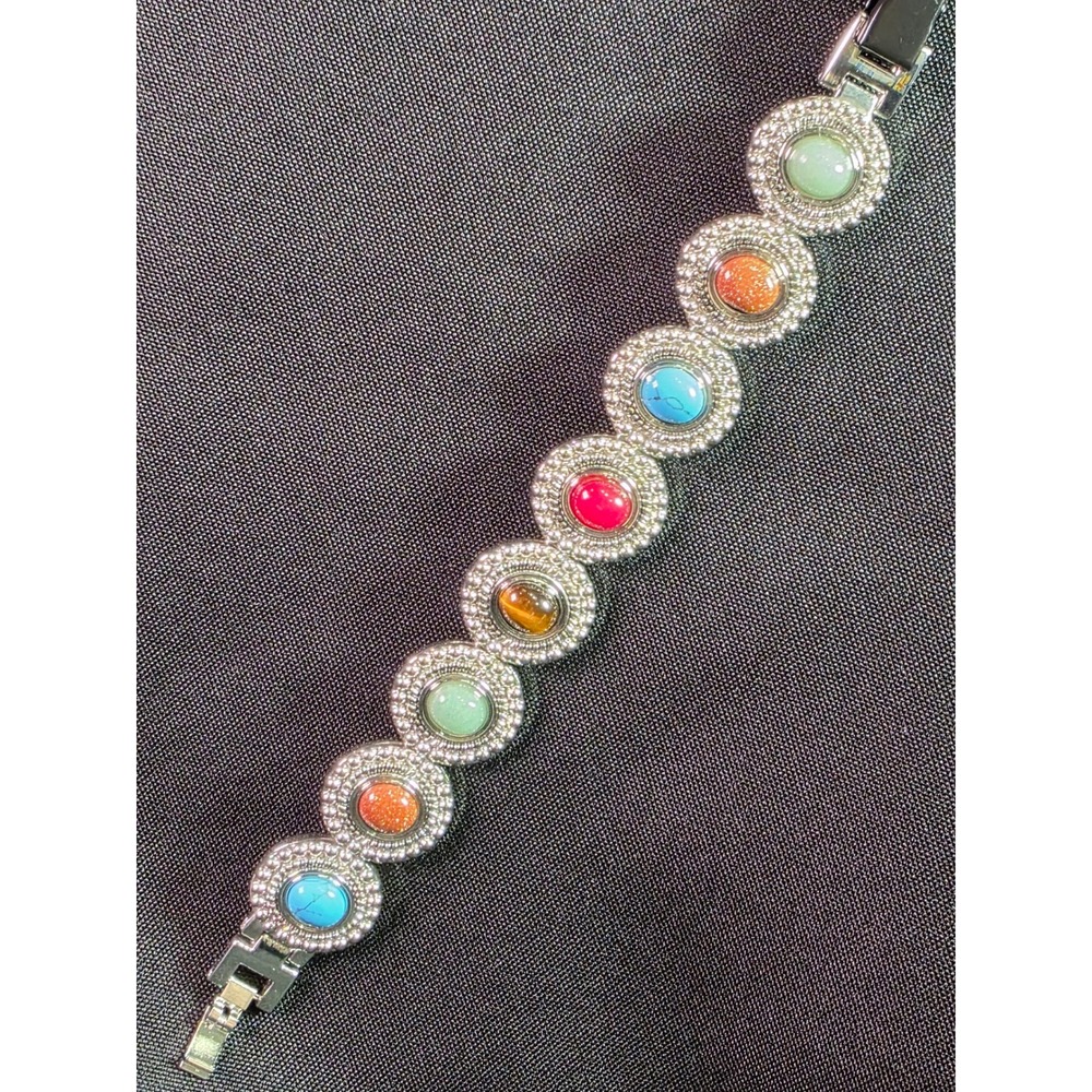 Bohemian Multi Gemstone Magnetic Link Bracelet Silver Tone 8 inches